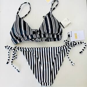 AMUSE SOCIETY Black White Stripe Triangle Top Back Tie Bikini Bottoms Swim XS